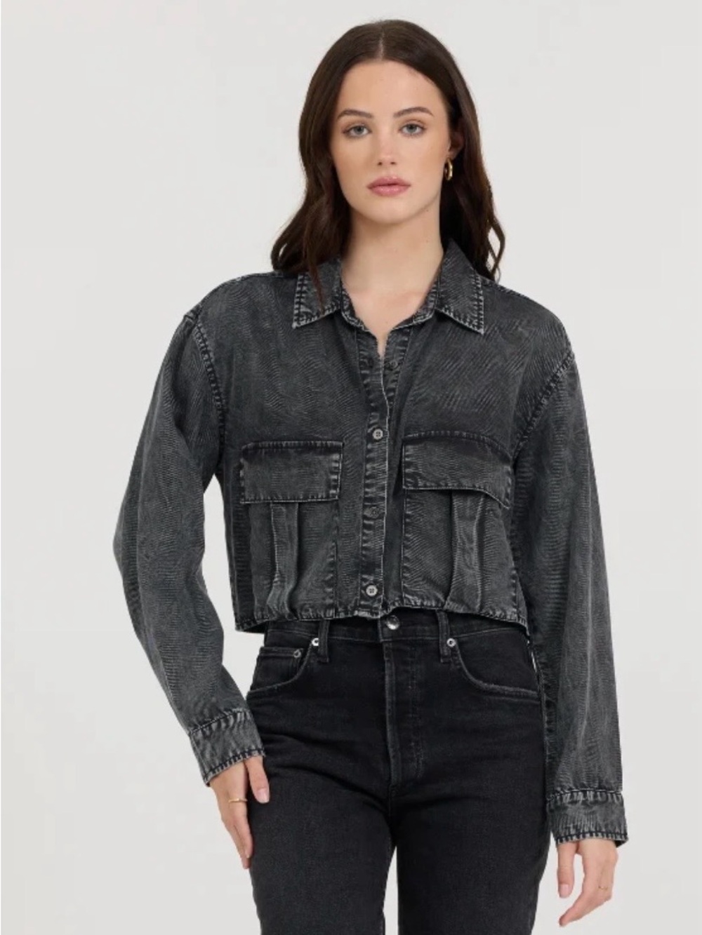 Vintage Havana Cropped Washed Black Denim Shirt Jacket - Women's